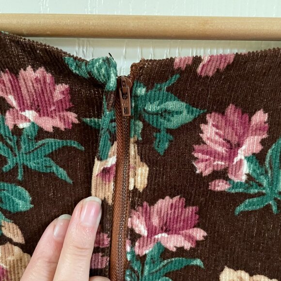 Vintage Cottagecore Brown Floral Corduroy Sleeveless Midi Dress | Large - Picture 10 of 11